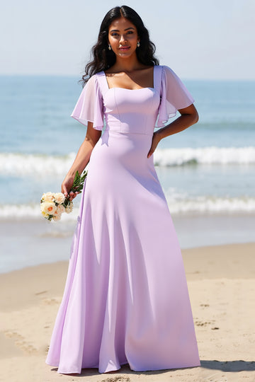 Chiffon A Line Lilac Bridesmaid Dress with Slit